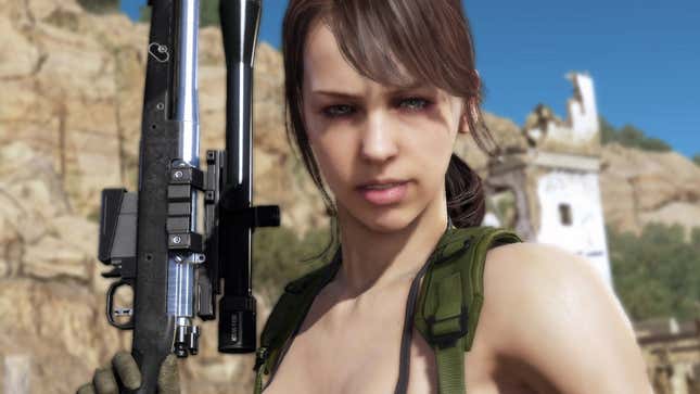 A Metal Gear Solid V: Phantom Pain screenshot shows Quiet standing in the desert.