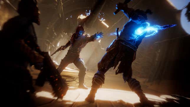 A Trickster Outrider throws a time knife at an enemy in a dimly lit hallway in Outriders.