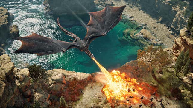 A dragon torches troops.