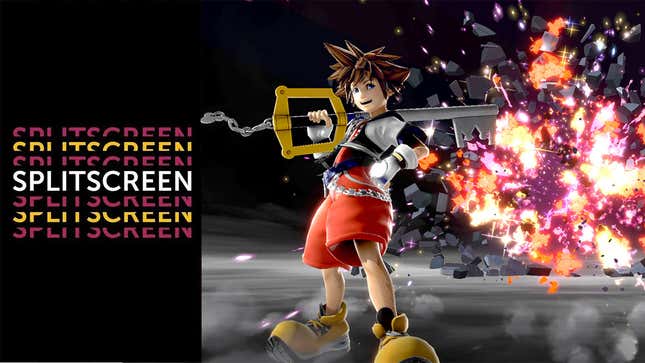 An image featuring Sora from Super Smash Bros. posing in front of an explosion on the right and the Kotaku Splitscreen logo on the left.