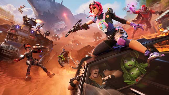 Fortnite characters fight on cars.