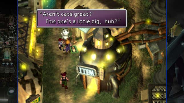 Cloud talks to an NPC about cats outside of a restaurant.