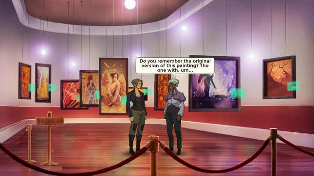 A gallery in 2062, with Fia and another character discussing one of the paintings.