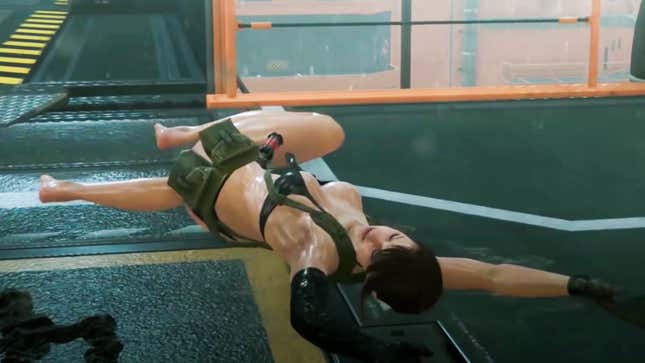 Quiet rolls around on the ground in Metal Gear Solid V.