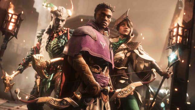 Dragon Age characters stand next to each other ready to fight.